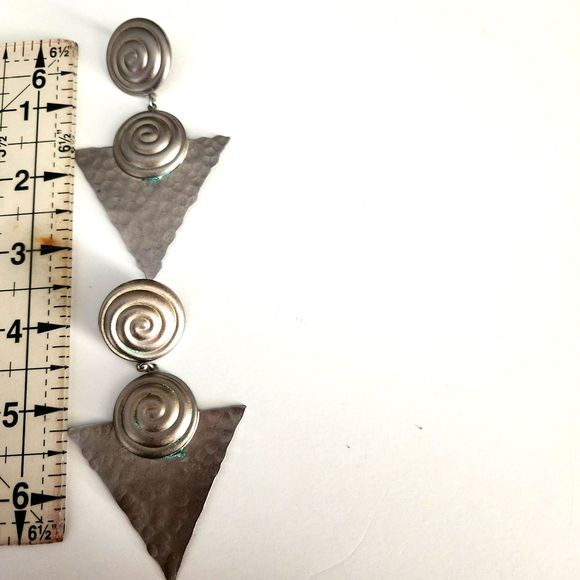 Vintage Silver Spiral and Triangle Design Pierced Earrings - Picture 3 of 5